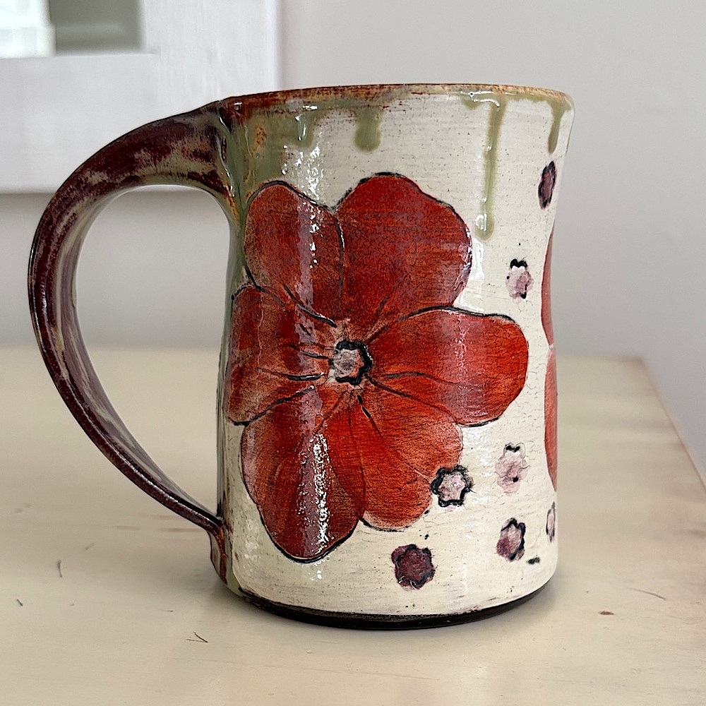 Flowers Hibiscus Red Orange Studio Pottery Coffee Mug Floral Nature Ceramic Art